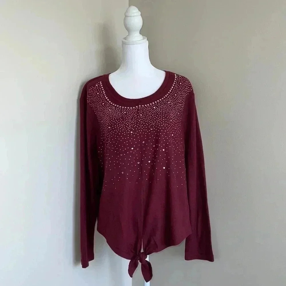 LC Couture Burgundy Jeweled Front Tie Sweater​​